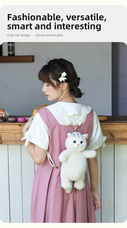 Cute White British Shorthair Cat Backpack Toy Simulation Plush Cat Doll Recyclable Handmade Bag for Travel