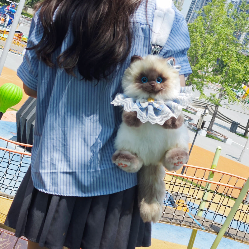 Cute Blue Grid Scarf Siamese Cat Simulation Plush Backpack Unisex Decompression Toy Animal Doll Backpack