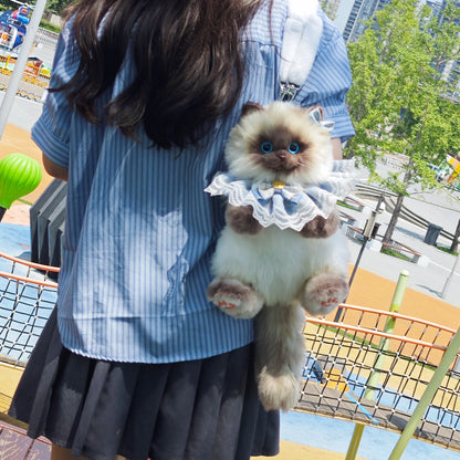 Cute Blue Grid Scarf Siamese Cat Simulation Plush Backpack Unisex Decompression Toy Animal Doll Backpack