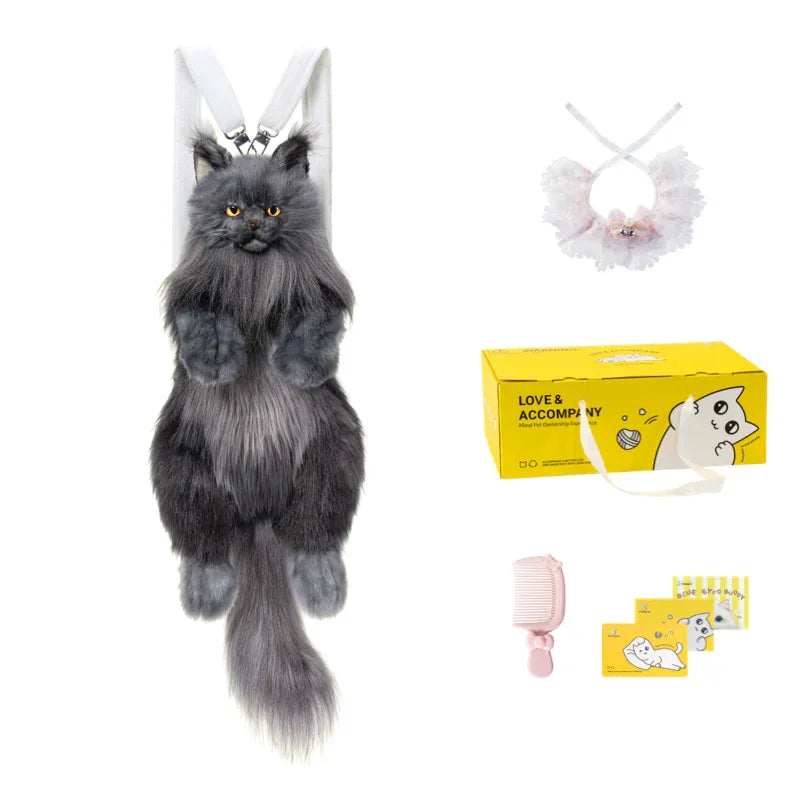 Black Maine Coon Cat Soft Short Plush Backpack Handmade Decompression Adorable Cat Bag for Adults/Kids
