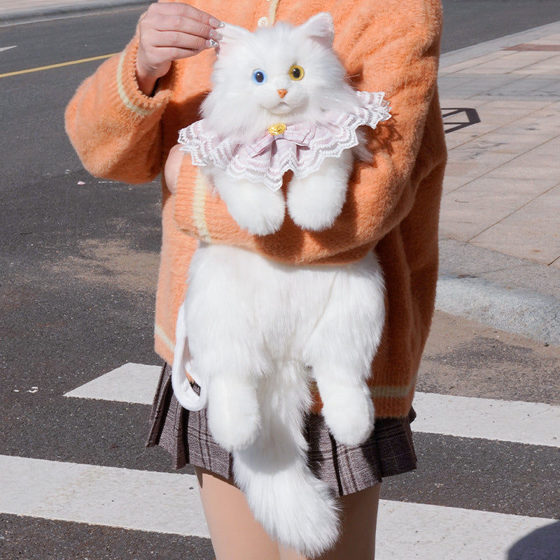Soft Plush Heterochromatic Cat Backpack Handmade Doll Gift Unisex Gift White cat Backpack with Odd Eyes