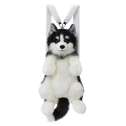 Simulated Husky Dog Plush Toy Backpack Soft PP Cotton Filled Handmade Companion Toy Bag for Adults/Kids