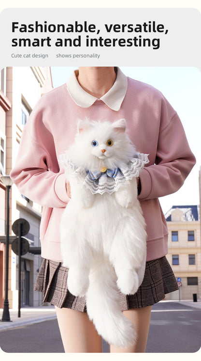 Soft Plush Heterochromatic Cat Backpack Handmade Doll Gift Unisex Gift White cat Backpack with Odd Eyes