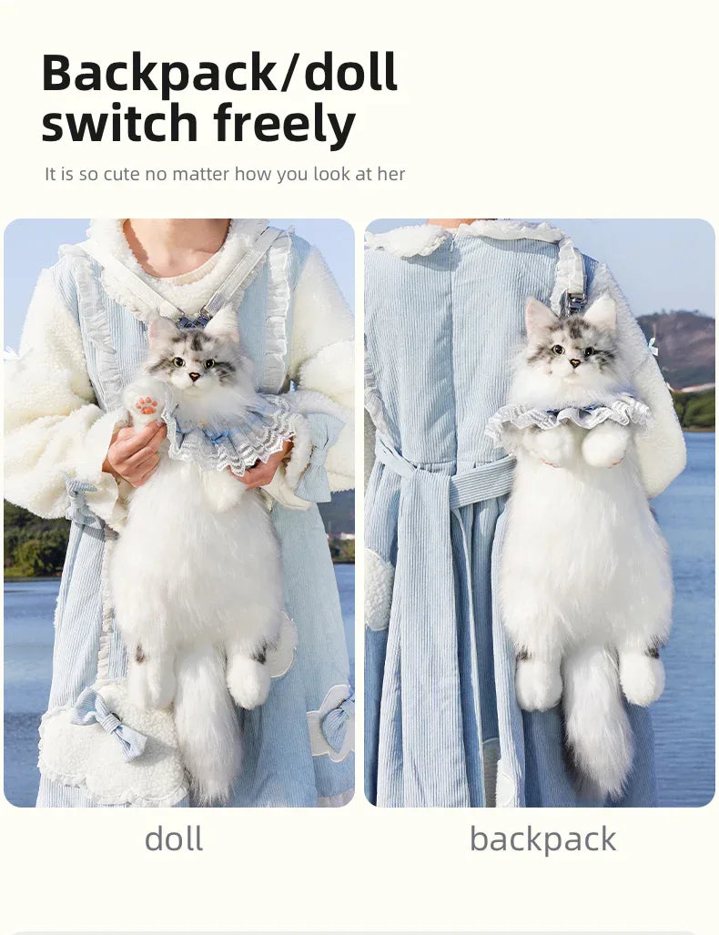 Handmade Soft Gray White Plush Maine Coon Cat Backpack Cute Cartoon Style Toy Lifelike Plush Cat Backpack
