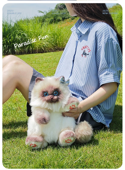 Blue Scarf Cute Simulation Siamese Cat Backpack Plush Doll Anime Cartoon Realistic Cat Backpack