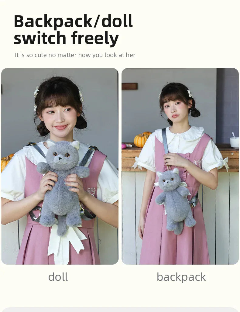 British Shorthair Cat Plush Backpack Blue White British Shorthair Cat-shaped Single Crossbody Double-shoulder Bag