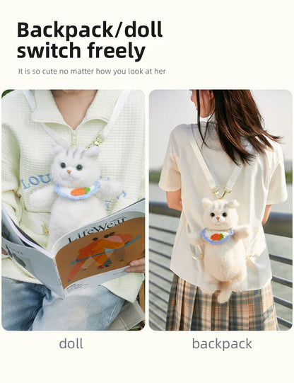 Cute White British Shorthair Cat Backpack Toy Simulation Plush Cat Doll Recyclable Handmade Bag for Travel