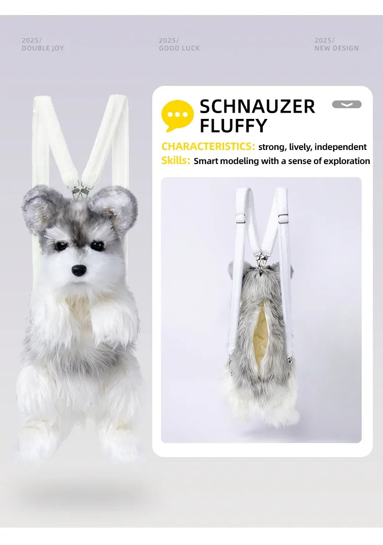 White Mixed Grey Schnauzer Dog Simulated Plush Unisex Backpack Soft PP Cotton Filled Fashion Couple Set Toy