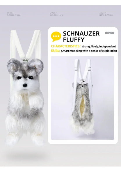 White Mixed Grey Schnauzer Dog Simulated Plush Unisex Backpack Soft PP Cotton Filled Fashion Couple Set Toy