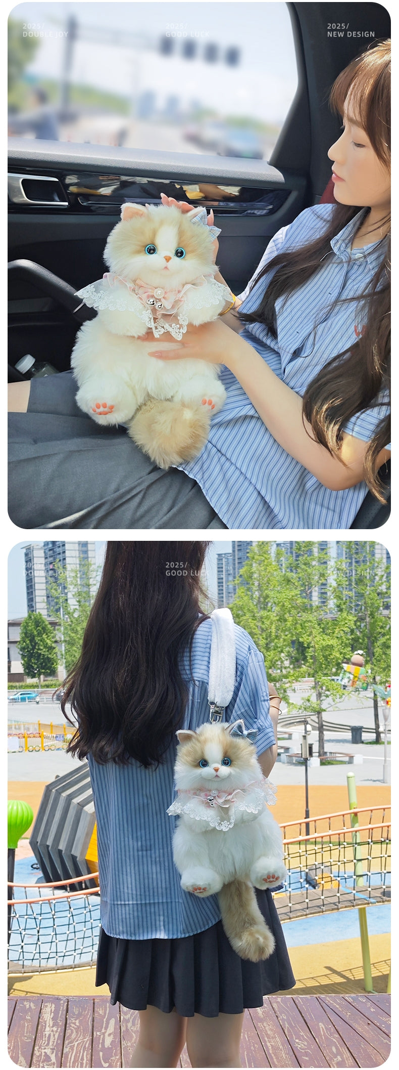 Medium Cute Pink Pearl Simulation Cat Fashionable Daily Companion Unisex Plush Backpack Adorable Cat Bag