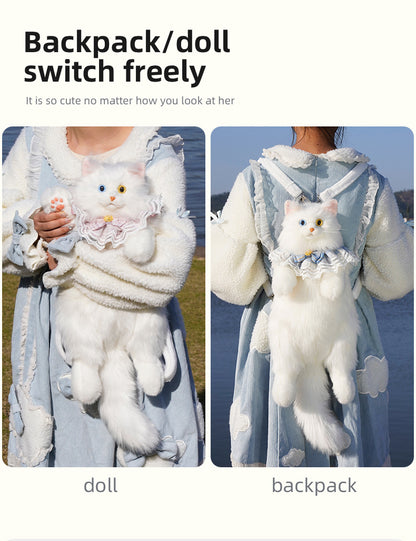Soft Plush Heterochromatic Cat Backpack Handmade Doll Gift Unisex Gift White cat Backpack with Odd Eyes