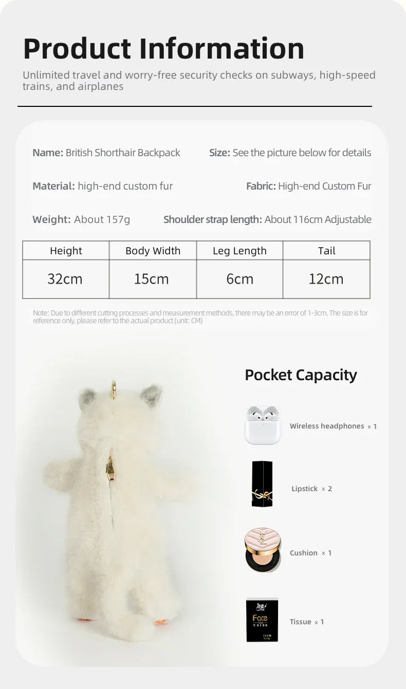 Cute White British Shorthair Cat Backpack Toy Simulation Plush Cat Doll Recyclable Handmade Bag for Travel