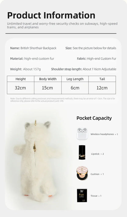 Cute White British Shorthair Cat Backpack Toy Simulation Plush Cat Doll Recyclable Handmade Bag for Travel