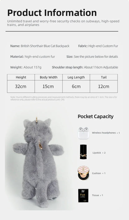 British Shorthair Cat Plush Backpack Blue White British Shorthair Cat-shaped Single Crossbody Double-shoulder Bag