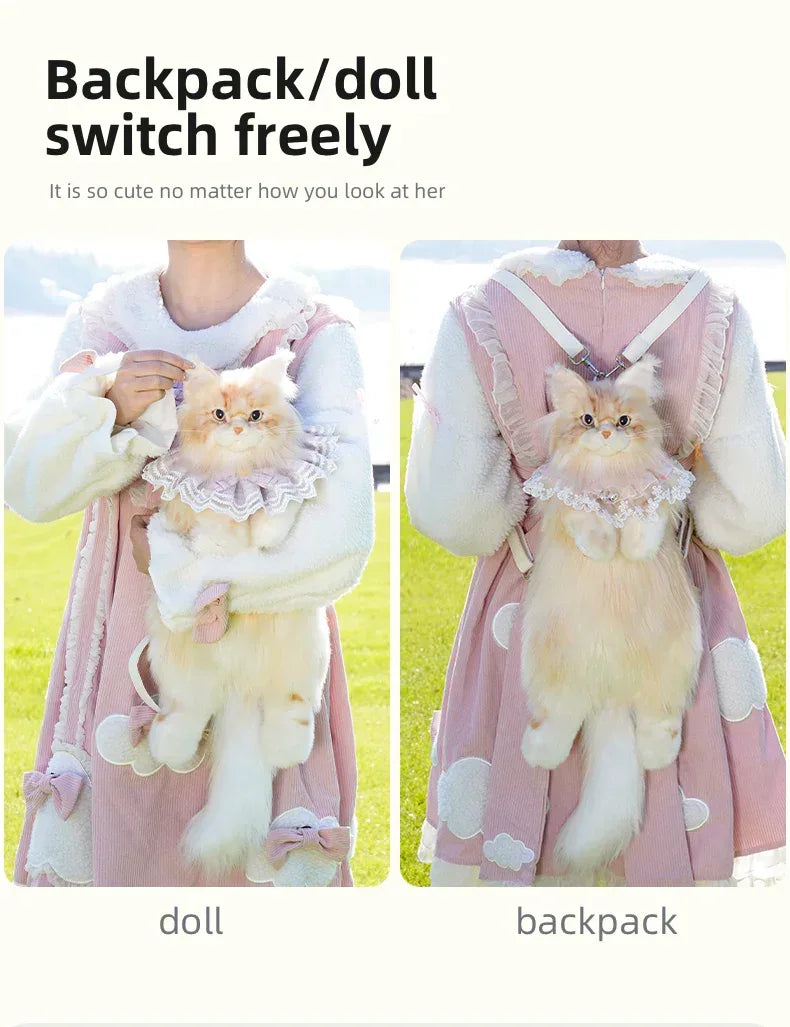Light Gold Maine Coon Cat Soft Plush Backpack Large Capacity PP Cotton Filled Handmade Unisex Backpack for Daily