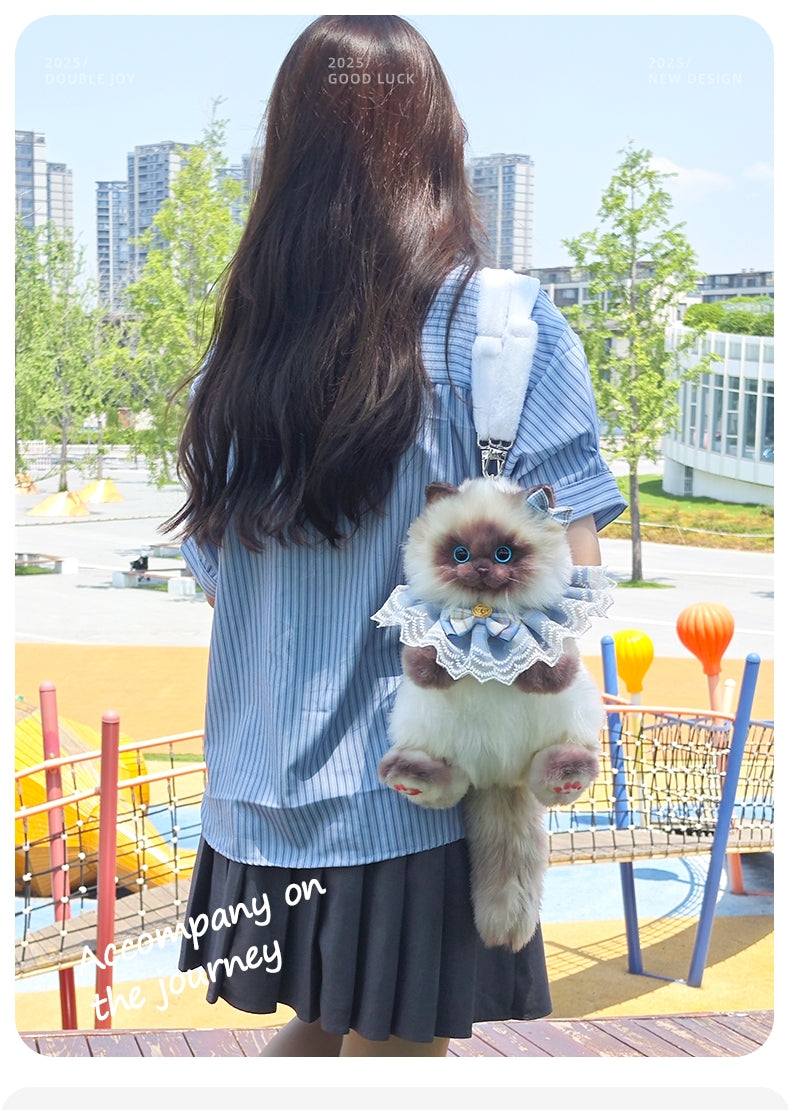 Blue Scarf Cute Simulation Siamese Cat Backpack Plush Doll Anime Cartoon Realistic Cat Backpack