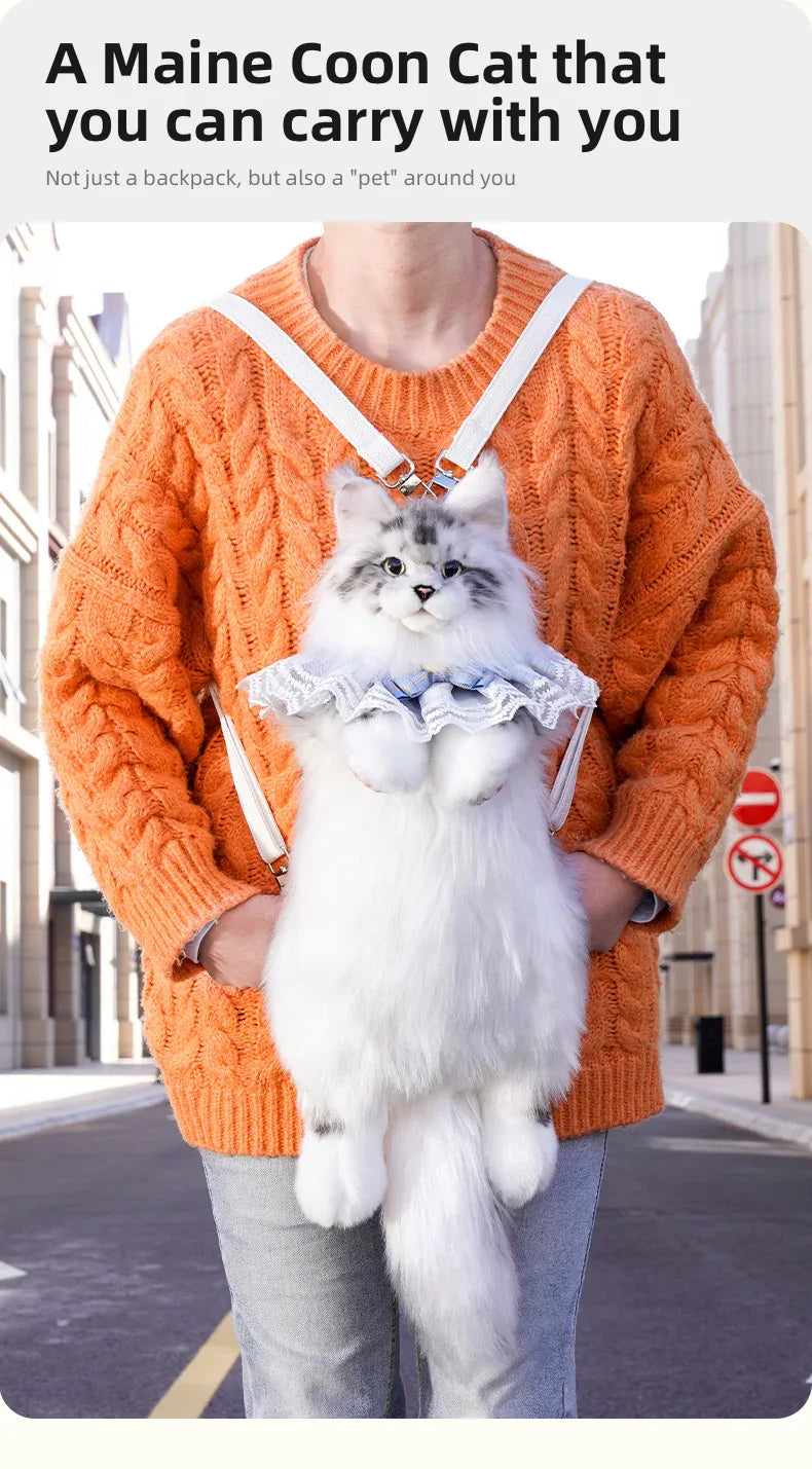 Handmade Soft Gray White Plush Maine Coon Cat Backpack Cute Cartoon Style Toy Lifelike Plush Cat Backpack