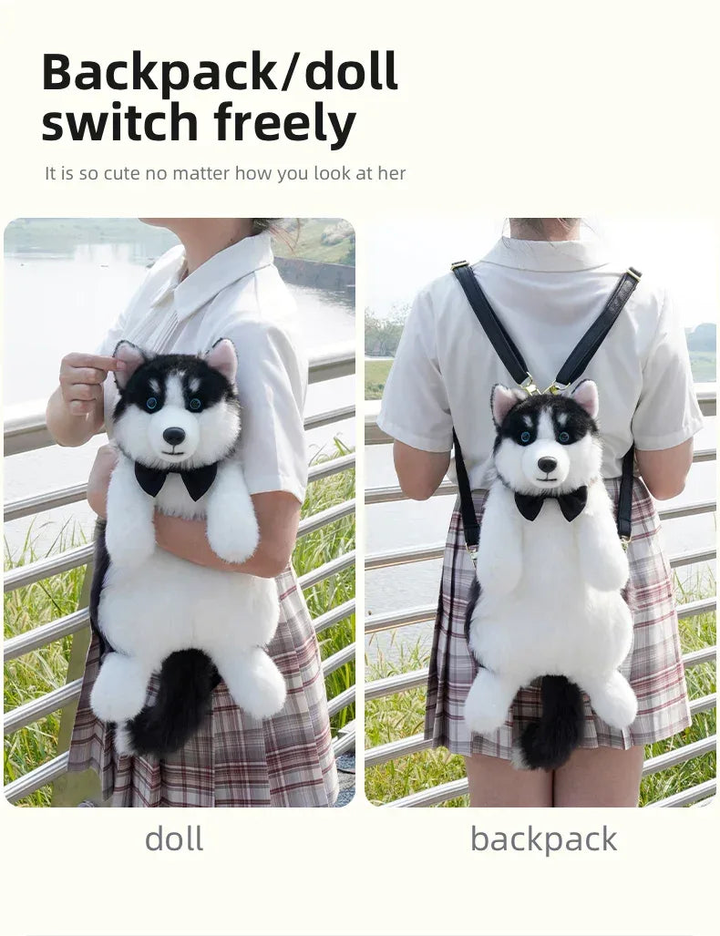 Simulated Husky Dog Plush Toy Backpack Soft PP Cotton Filled Handmade Companion Toy Bag for Adults/Kids