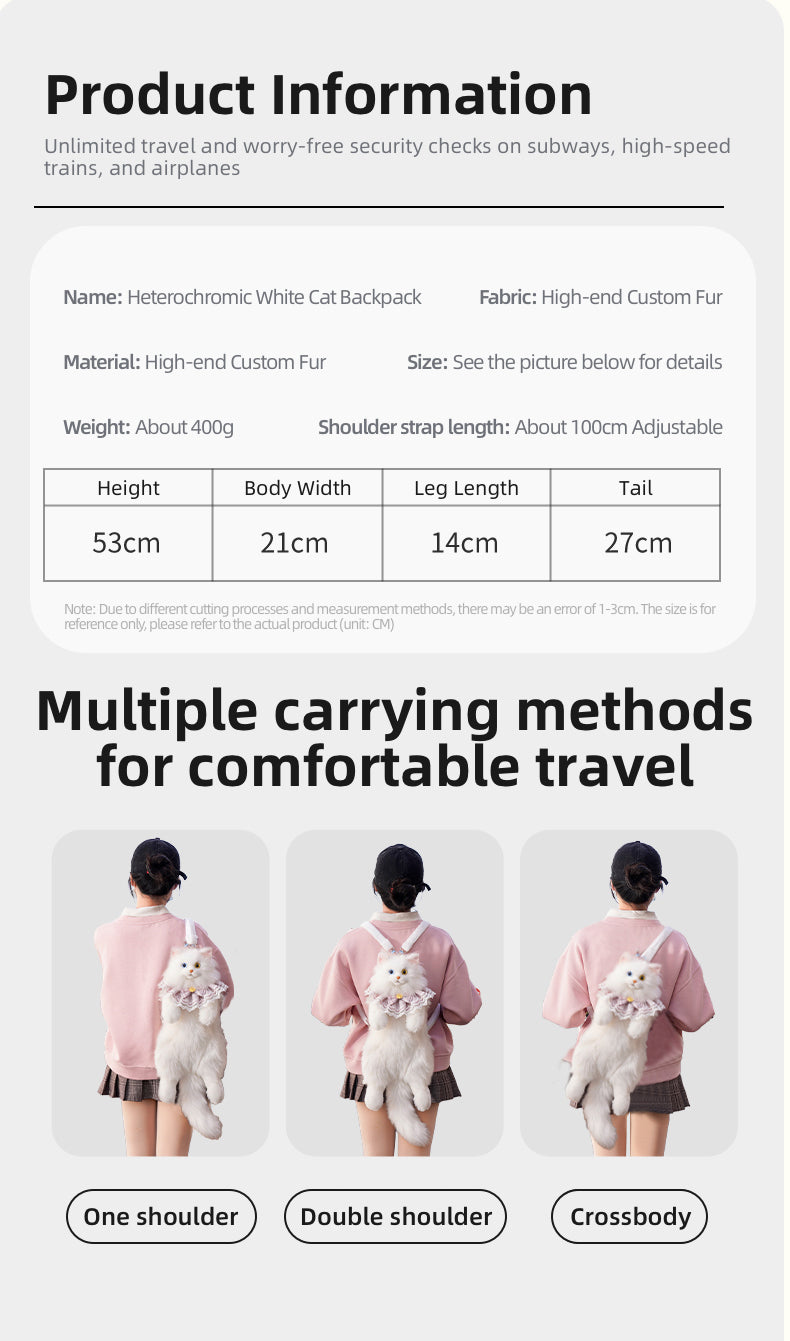 Soft Plush Heterochromatic Cat Backpack Handmade Doll Gift Unisex Gift White cat Backpack with Odd Eyes