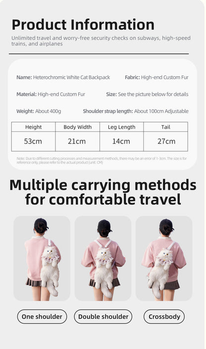 Soft Plush Heterochromatic Cat Backpack Handmade Doll Gift Unisex Gift White cat Backpack with Odd Eyes