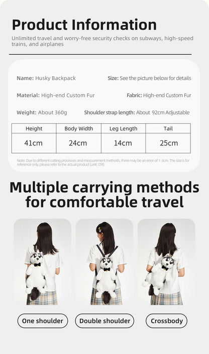 Simulated Husky Dog Plush Toy Backpack Soft PP Cotton Filled Handmade Companion Toy Bag for Adults/Kids