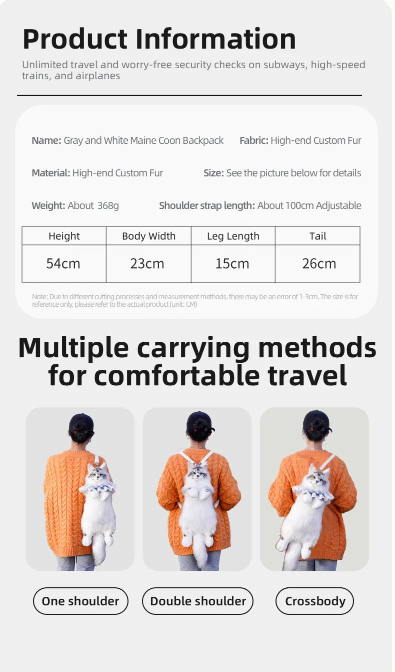 Handmade Soft Gray White Plush Maine Coon Cat Backpack Cute Cartoon Style Toy Lifelike Plush Cat Backpack