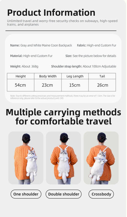 Handmade Soft Gray White Plush Maine Coon Cat Backpack Cute Cartoon Style Toy Lifelike Plush Cat Backpack