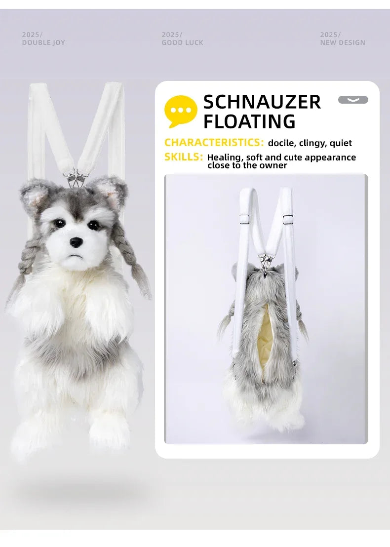 White Mixed Grey Schnauzer Dog Simulated Plush Unisex Backpack Soft PP Cotton Filled Fashion Couple Set Toy
