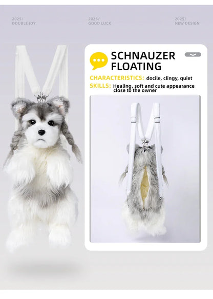 White Mixed Grey Schnauzer Dog Simulated Plush Unisex Backpack Soft PP Cotton Filled Fashion Couple Set Toy