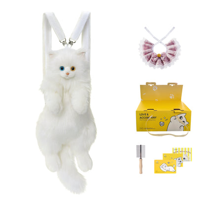 Soft Plush Heterochromatic Cat Backpack Handmade Doll Gift Unisex Gift White cat Backpack with Odd Eyes