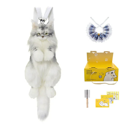 Handmade Soft Gray White Plush Maine Coon Cat Backpack Cute Cartoon Style Toy Lifelike Plush Cat Backpack