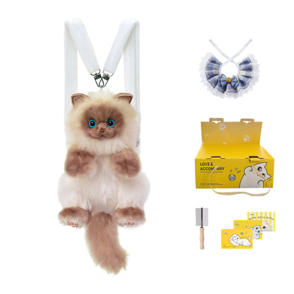 Blue Scarf Cute Simulation Siamese Cat Backpack Plush Doll Anime Cartoon Realistic Cat Backpack