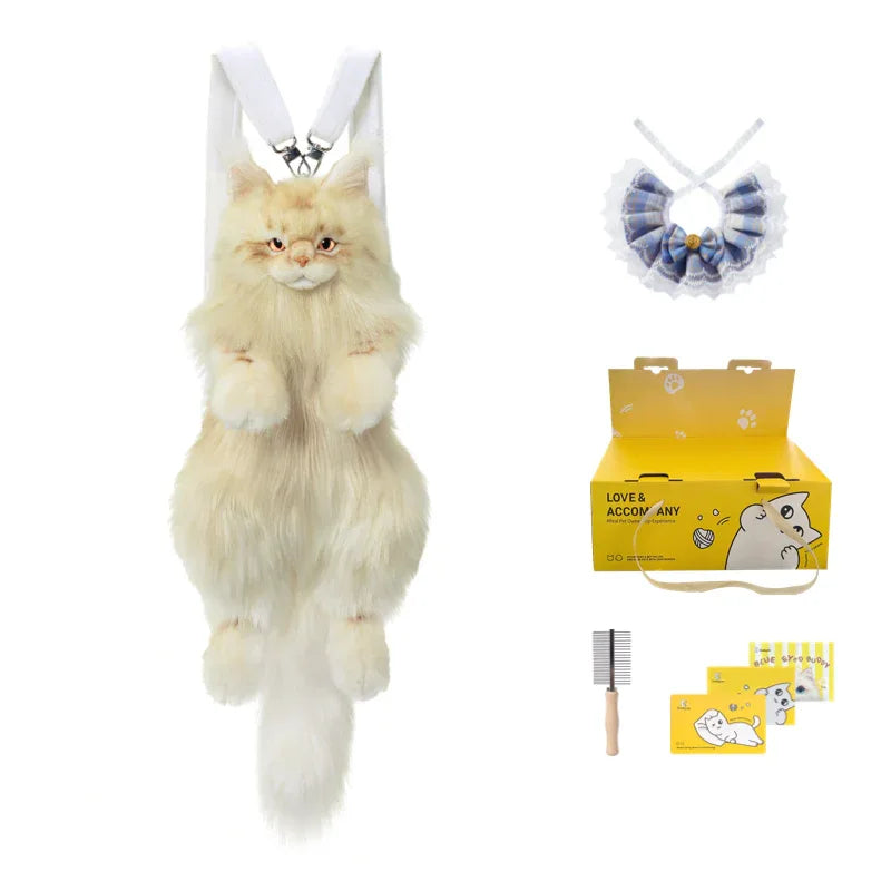 Light Gold Maine Coon Cat Soft Plush Backpack Large Capacity PP Cotton Filled Handmade Unisex Backpack for Daily