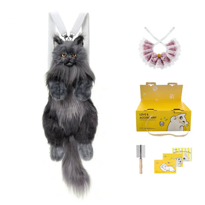 Black Maine Coon Cat Soft Short Plush Backpack Handmade Decompression Adorable Cat Bag for Adults/Kids