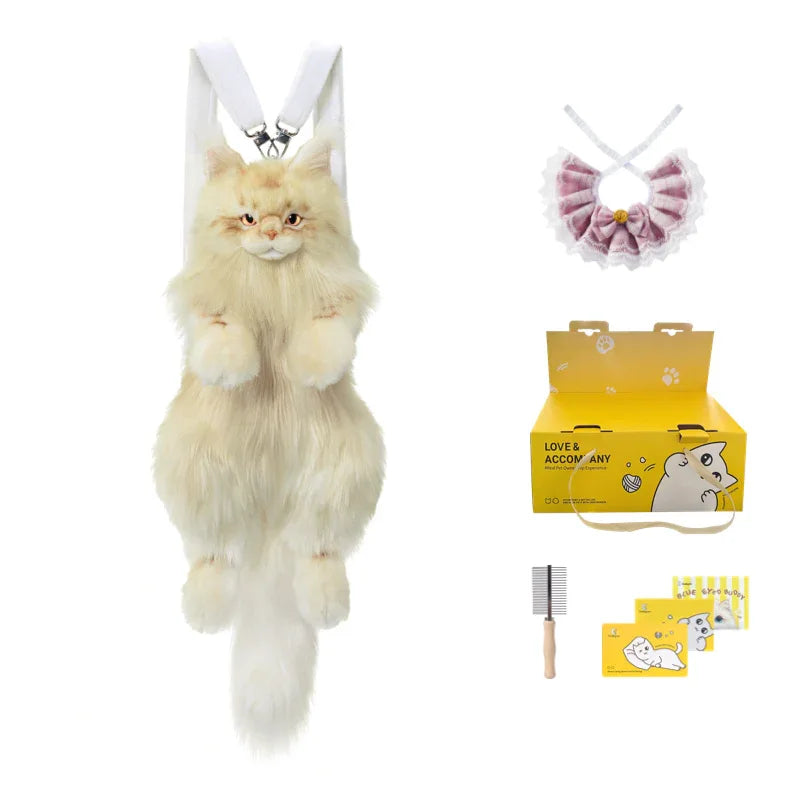Light Gold Maine Coon Cat Soft Plush Backpack Large Capacity PP Cotton Filled Handmade Unisex Backpack for Daily