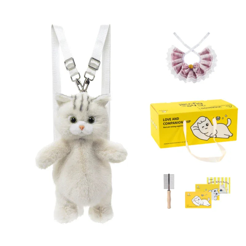 Cute White British Shorthair Cat Backpack Toy Simulation Plush Cat Doll Recyclable Handmade Bag for Travel