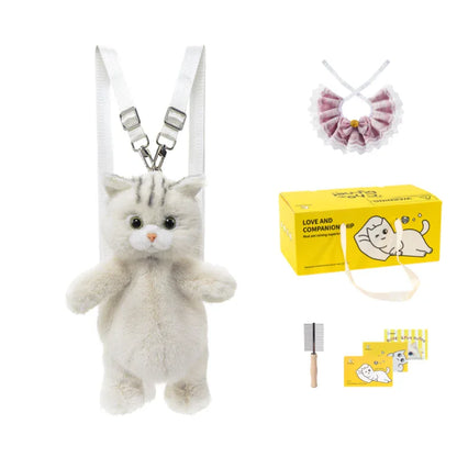 Cute White British Shorthair Cat Backpack Toy Simulation Plush Cat Doll Recyclable Handmade Bag for Travel