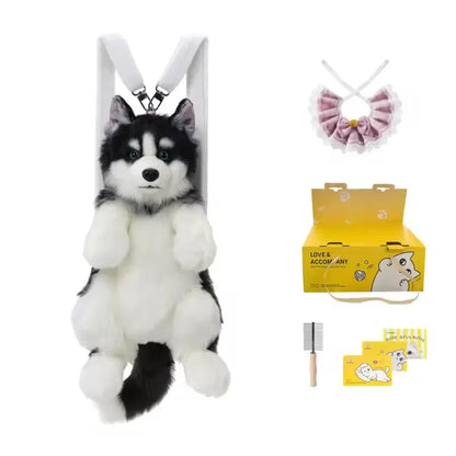 Simulated Husky Dog Plush Toy Backpack Soft PP Cotton Filled Handmade Companion Toy Bag for Adults/Kids