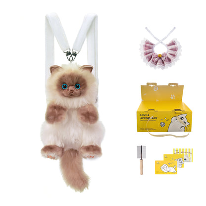 Cute Blue Grid Scarf Siamese Cat Simulation Plush Backpack Unisex Decompression Toy Animal Doll Backpack