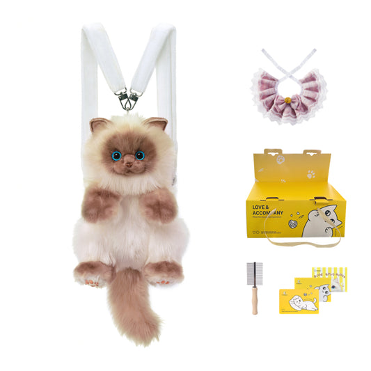 Cute Blue Grid Scarf Siamese Cat Simulation Plush Backpack Unisex Decompression Toy Animal Doll Backpack