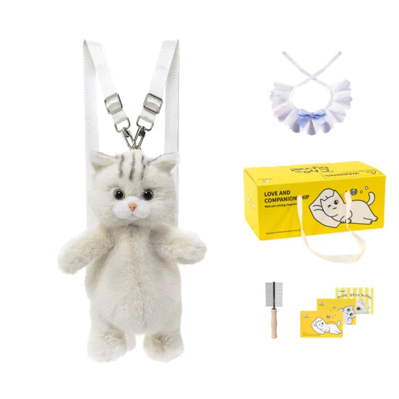 Cute White British Shorthair Cat Backpack Toy Simulation Plush Cat Doll Recyclable Handmade Bag for Travel