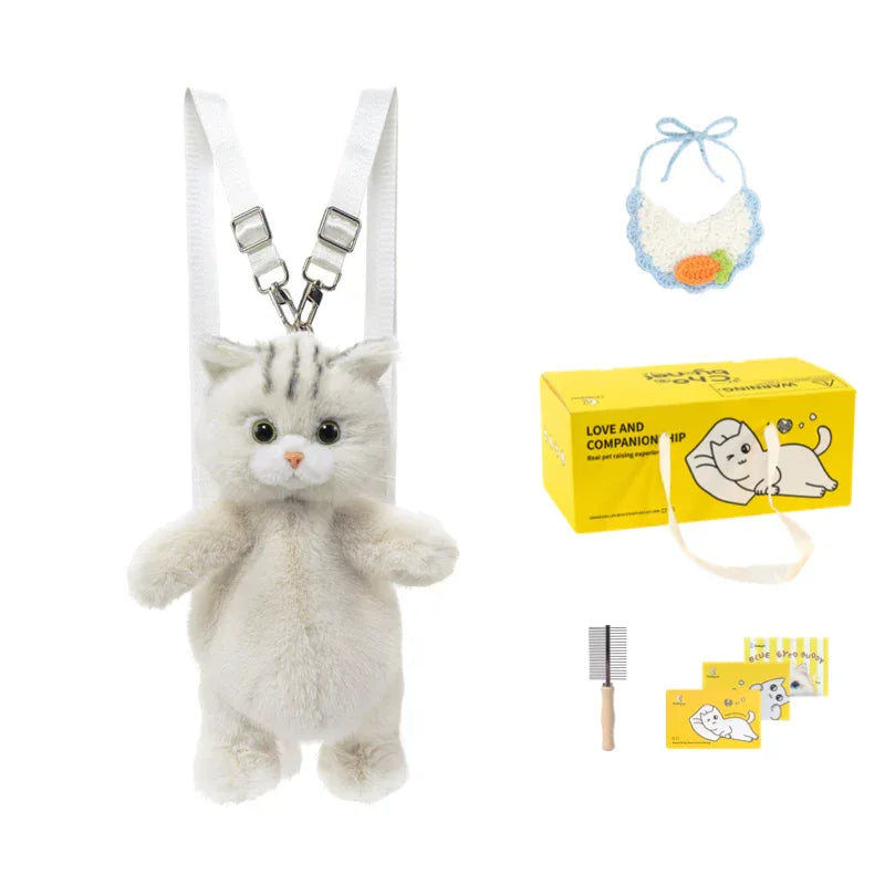 Cute White British Shorthair Cat Backpack Toy Simulation Plush Cat Doll Recyclable Handmade Bag for Travel