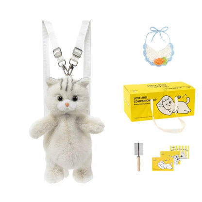 Cute White British Shorthair Cat Backpack Toy Simulation Plush Cat Doll Recyclable Handmade Bag for Travel