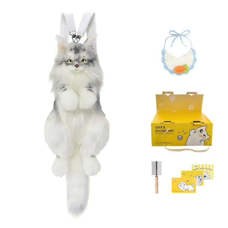 Handmade Soft Gray White Plush Maine Coon Cat Backpack Cute Cartoon Style Toy Lifelike Plush Cat Backpack