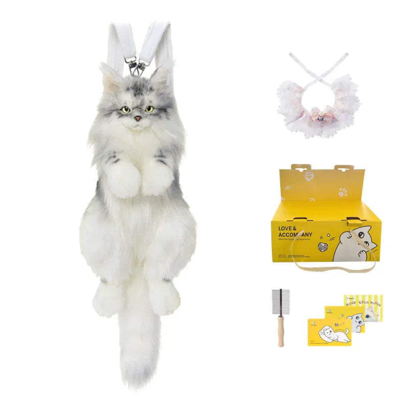 Handmade Soft Gray White Plush Maine Coon Cat Backpack Cute Cartoon Style Toy Lifelike Plush Cat Backpack