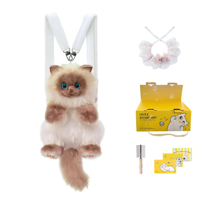 Cute Blue Grid Scarf Siamese Cat Simulation Plush Backpack Unisex Decompression Toy Animal Doll Backpack