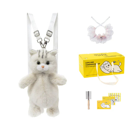 Cute White British Shorthair Cat Backpack Toy Simulation Plush Cat Doll Recyclable Handmade Bag for Travel