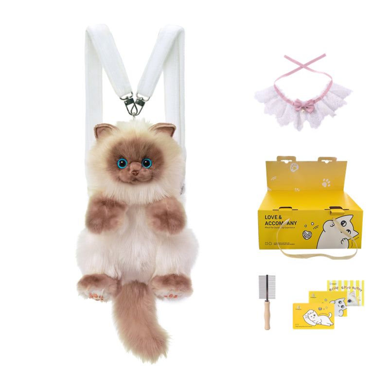 Cute Blue Grid Scarf Siamese Cat Simulation Plush Backpack Unisex Decompression Toy Animal Doll Backpack