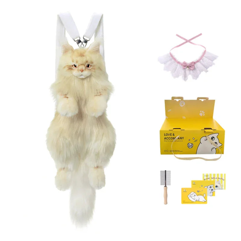 Light Gold Maine Coon Cat Soft Plush Backpack Large Capacity PP Cotton Filled Handmade Unisex Backpack for Daily