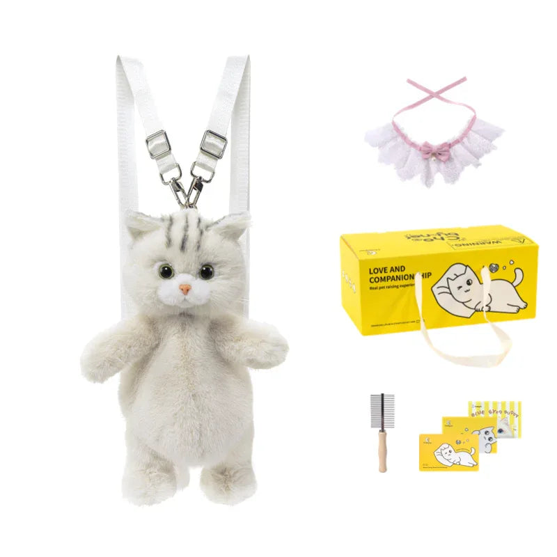 Cute White British Shorthair Cat Backpack Toy Simulation Plush Cat Doll Recyclable Handmade Bag for Travel